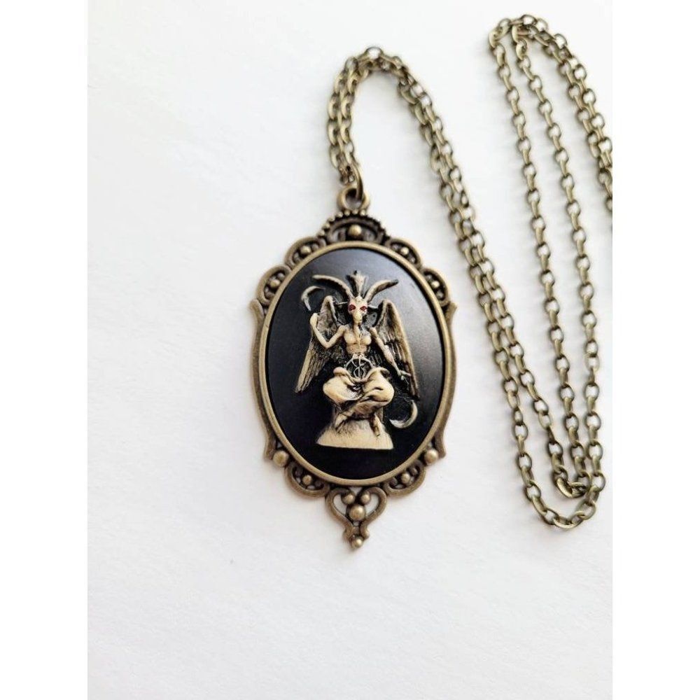 Antiqued Baphomet Gothic Cameo Necklace Bronze devil biker birthday gift wedding
